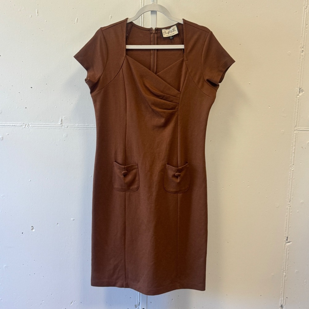 Mary McFadden Collection Brown Sweetheart Sheath Dress Pockets Size 12 Career